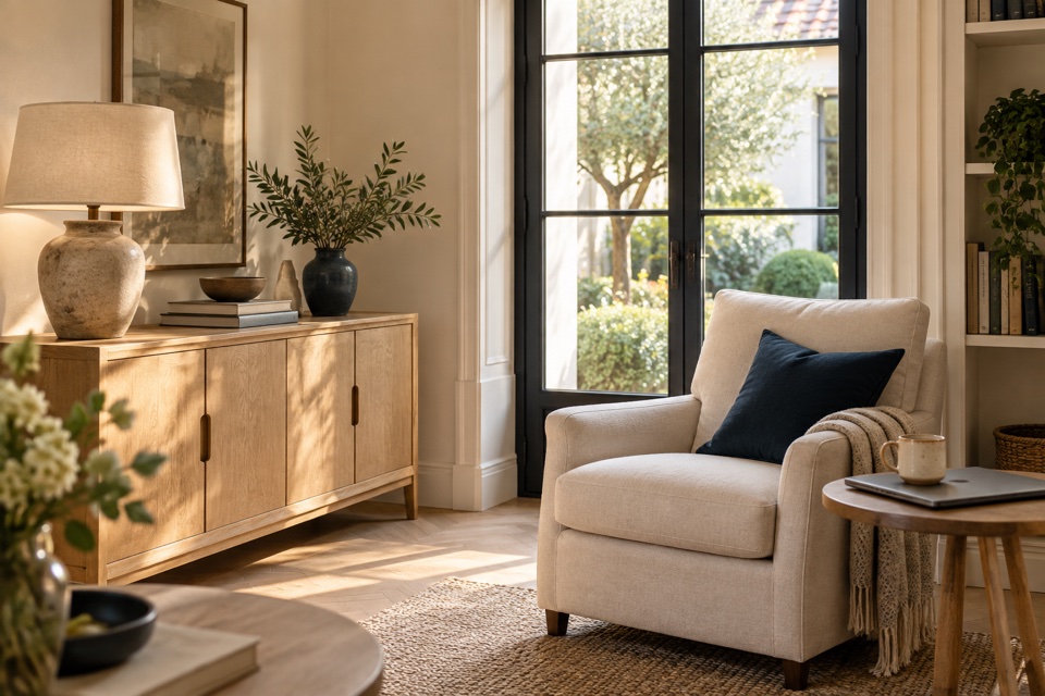 Wohnbereich mit Sessel, Sideboard und persönlichen Alltagsgegenständen