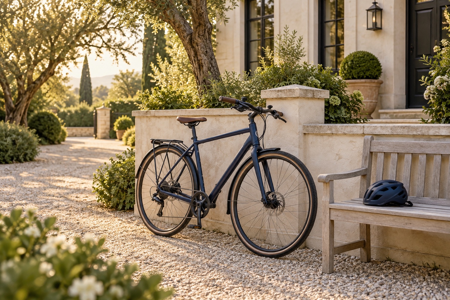 Dunkelblaues Fahrrad und Helm an einer Gartenbank vor einer hellen Villa