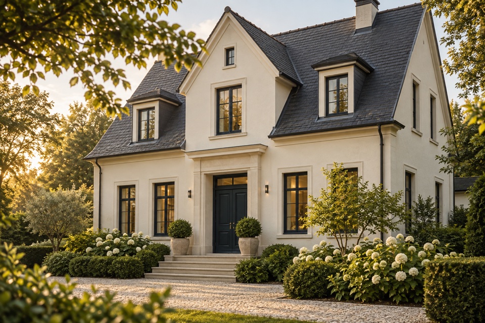 Helles Wohnhaus mit dunklem Dach und gepflegtem Garten